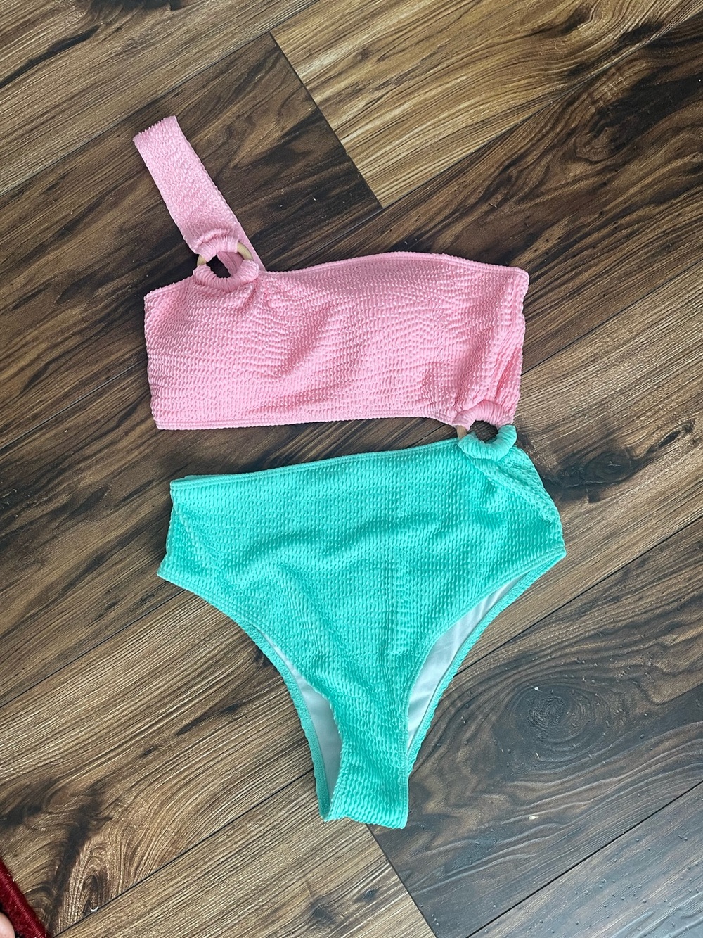 Pink Lily One-Shoulder Two-Tone One-Piece Swimsuit in Pink and Aqua